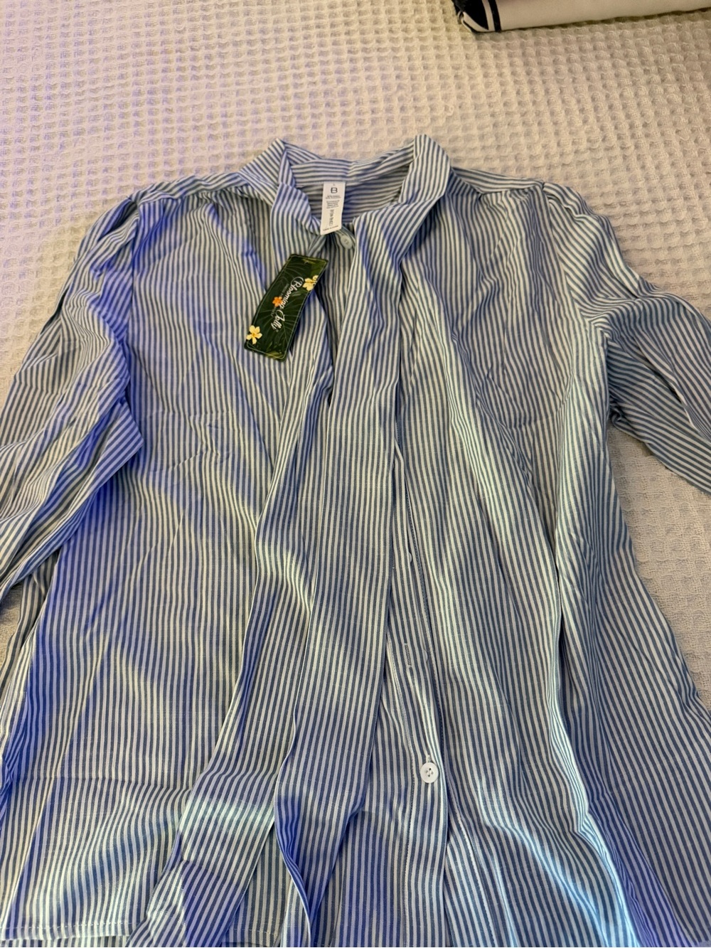 Light Blue and White Striped Women’s Blouse - Casual Button Front
